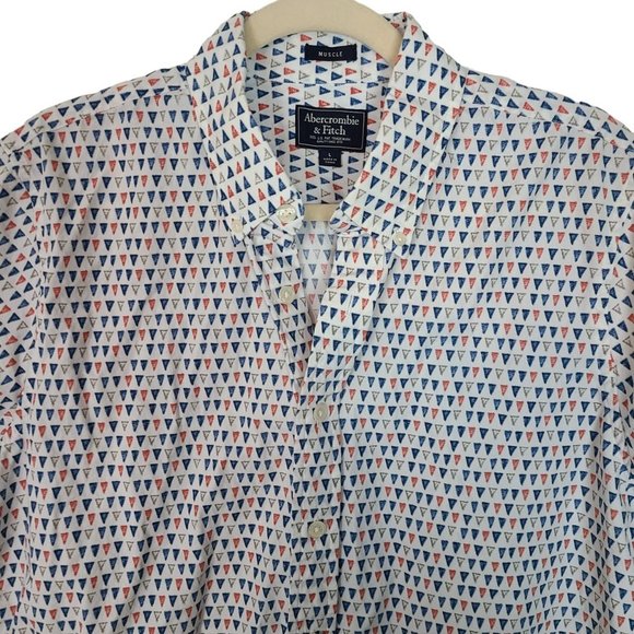 Abercrombie & Fitch Mens L White Geometric Print Button Down Muscle Fit Shirt - Picture 2 of 7